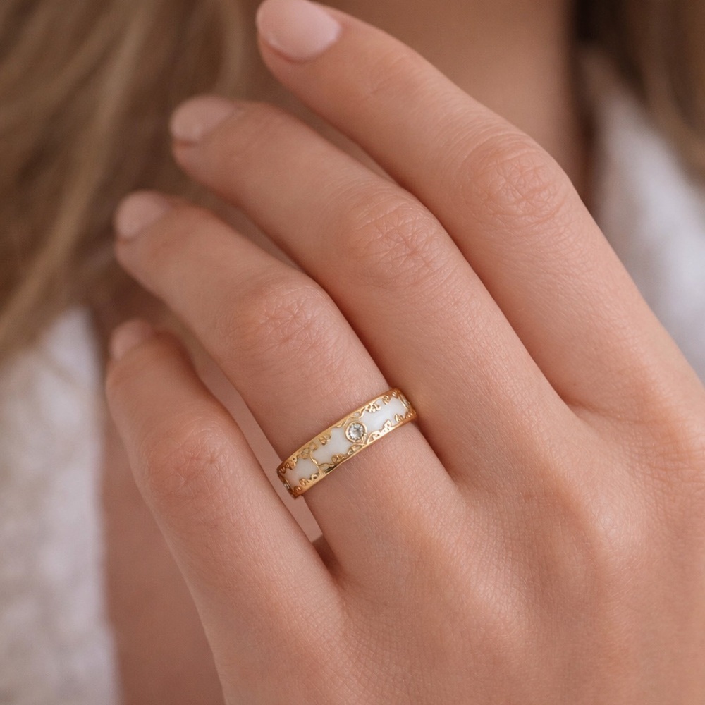 Gold & White Enamel Vintage Style Ring | CZ Detail Band | Elegant Statement 8